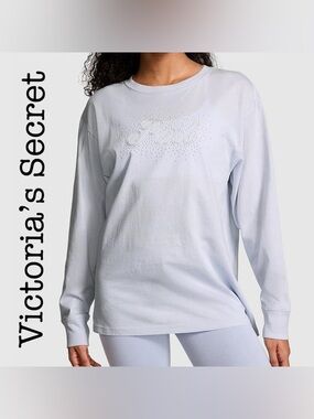 PINK Victoria's Secret Light Blue Glitter Logo Long Sleeve Top Size XLARGE